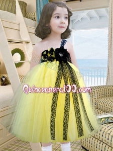 A-Line One Shoulder Yellow and Blue Tulle Hand Made Flowers Little Girl Dress for 2014