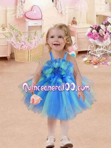 Baby Blue Straps Short Tea-length Little Girl Dresses with Hand Made Flowers