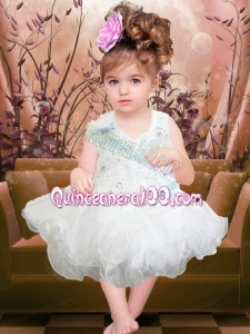 Beading and Ruffles Short Organza Backless Little Girl Dress in White