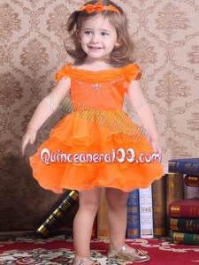 Popular Orange A-Line Off the Shoulder Little Girl Dress with Beading and Ruffles