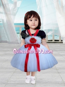 Red and White Tulle straps Little Girl Dress with Hand Made Flowers and Bowknot