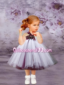 White A-Line Tulle One Shoulder White Hand Made Flowers Little Girl Dress for 2014