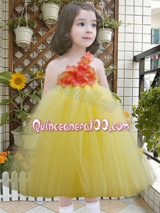 Yellow One Shoulder A-Line Tulle Appliques Little Girl Dress for 2014