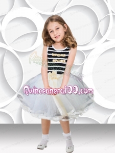 2014 White and Black Short Scoop Little Girl Dress with Bowknot