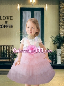 A-Line Straps Hand Made Flowers 2014 Little Girl Dress in Pink
