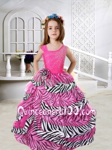 2014 Beautiful Hot Pink Asymmetrical Beading Zebra Little Girl Pageant Dresses with Ruffled Layers