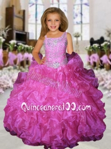 2014 Straps Ball Gown Beading Fuchsia Little Girl Pageant Dress with Ruffles