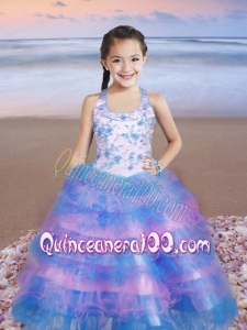 Multi-color Little Gril Pageant Dress with Beaded and Ruffles Decorate Halter