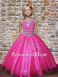 Pretty V-neck Hot Pink 2014 Little Gril Pageant Dresses with Beading