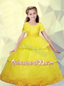 Yellow Scoop Ball Gown Appliques Little Girl Pageant Dress with Ruffled Layers for 2014