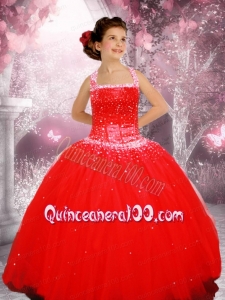 Red Custom Made Beaded Tulle Little Girl Pageant Dress with Halter