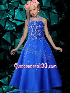 Royal Blue Straps Little Gril Pageant Dress with Appliques Sequins Decorate