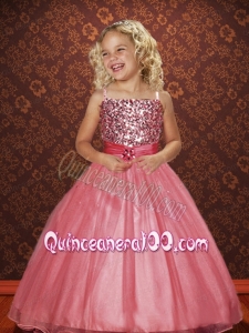 Watermelon Spaghetti Straps Ball Gown Beading Belt Little Girl Pageant Dress for 2014