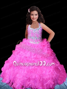 2014 Beautiful Ball Gown Halter Hot Pink Beading Little Gril Pageant Dress