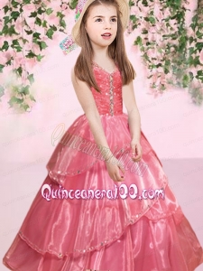 2014 Elegant Watermelon V-neck Ball Gown Little Girl Pageant Dress with Beading