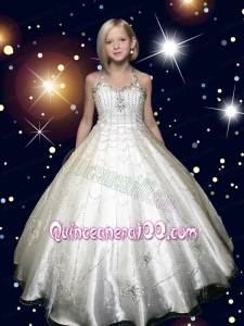 2014 Elegant White Halter Beading Little Gril Pageant Dress