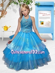 Beautiful Ball Gown Halter Teal Little Gril Pageant Dress with Appliques