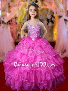 Beautiful Hot Pink Halter Beading 2014 Little Girl Pageant Dress