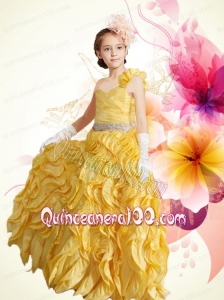 Beautiful One Shoulder Column Ruffles 2014 Little Girl Pageant Dress in Gold