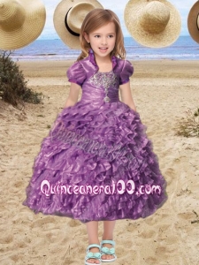 Beautiful Straps Tea-length Little Girl Pageant Dress with Beading Ruffles in Purple for 2014