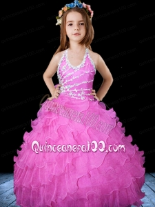 Hot Pink Halter Floor-length Little Gril Pageant Dress with Beading