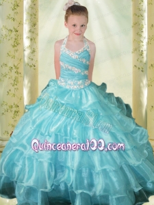 Light Blue Ball Gown Blue Halter Little Gril Pageant Dress with Beading
