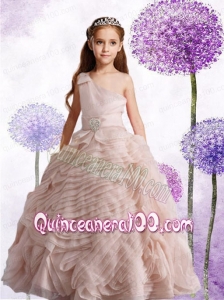 Popular Champagne One Shoulder Ball Gown Little Girl Pageant Dress with Beading for 2014