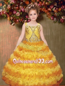 Pretty Ball Gown Yellow Straps Beading Little Girl Pageant Dresses with Ruffles for 2014