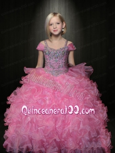 Pretty Rose Pink Off Shoulder Little Gril Pageant Dress with Beading