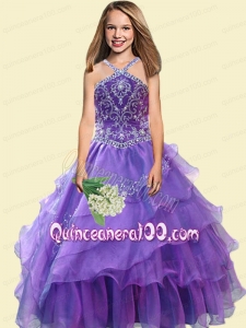 2014 Elegant A-Line Halter Beading Little Girl Pageant Dress in Purple