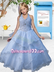 2014 Elegant Light Blue Little Gril Pageant Dress with Beading Halter