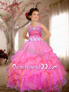 2014 Hot Pink Ball Gown Straps Little Girl Pageant Dresses with Beading