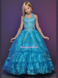 Affordable Halter Ball Gown Floor-length Little Girl Pageant Dresses in Royal Blue