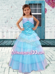 Aque Blue Straps A-Line Little Girl Pageant Dress with Embroidery