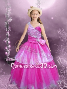 Modest Ball Gown Asymmetrical Hot Pink Little Girl Pageant Dress with Beading