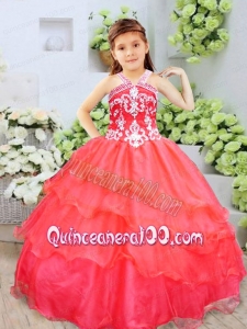 Organza Red Halter Ball Gown Little Girl Pageant Dress with Beading