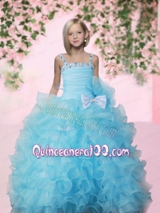 Custom Made Aqua Blue Straps Little Girl Pageant Dresses With Beading