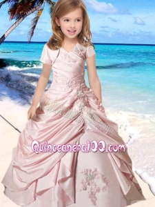 Elegant Ball Gown Straps Little Girl Pageant Dress with Ruching Appliques in Pink