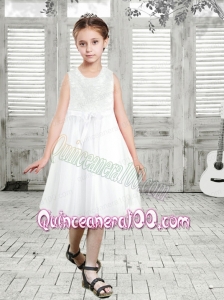 A-Line Tea-length Bowknot White Lace Flower Girl Dress with Scoop