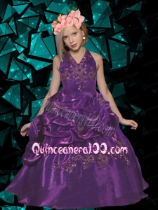 Beautiful Ball Gown Halter Top Little Girl Pageant Dress with Appliques in Purple