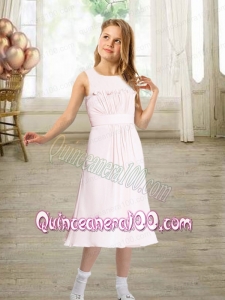 A-Line Ruching Scoop 2014 Popular Flower Girl Dress with Tea-length