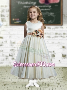 A-Line Scoop Ruffles and Hand Made Flowers 2014 Flower Girl Dress in White