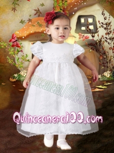 A-Line Tea-length Short Sleeves Formal Flower Girl Dress with Appliques and Ruffles