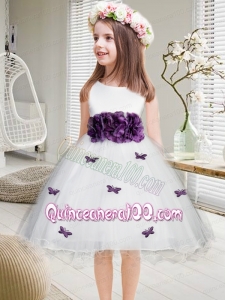 A-Line knee-length Flower Girl Dress with Hand Made Flowers and Bowknot