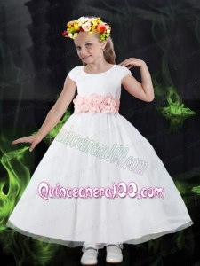 Cheap A-Line Scoop Short Sleeves Ankle-length Flower Girl Dress with Hand Made Flowers