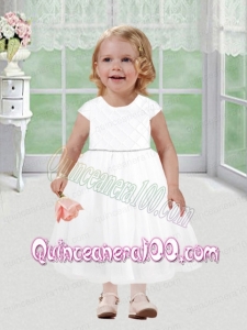 Comfortable Short Sleeves Scoop A-Line 2014 Flower Girl Dress with Tea-length