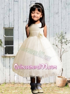Discount Hand Made Flowers and Ruffles A-Line Tea-length Flower Girl Dress with Scoop