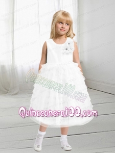 Formal A-Line Hand Made Flowers Tea-length Flower Girl Dress with Scoop