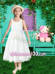 Simple A-Line Beading Tea-length Chiffon Flower Girl Dress for 2014
