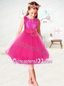 2014 Sequins and Hand Made Flowers Organza Flower Girl Dress in Hot Pink